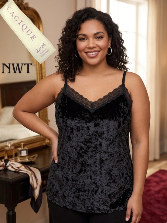 Cacique Tops - CACIQUE Women's Black Crushed Velvet Lace Trim Camisole Top NWT 22/24